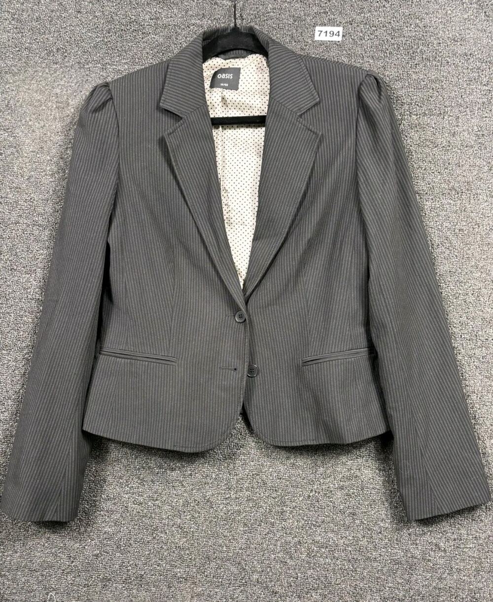 OASIS Blazer Suit Jacket Womens Size 14/40 Pinstripe Black W/Polka Dot Lining